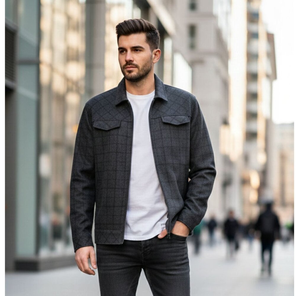 Tunellus Wool-Blend Windowpane Plaid Zip Jacket, Charcoal, Mens Size XL